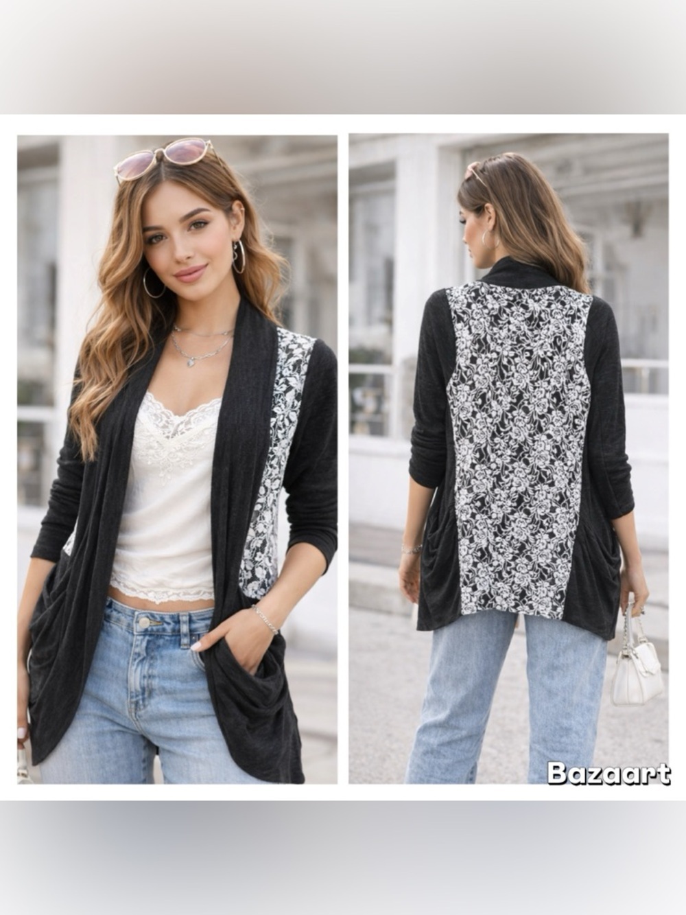WET SEAL Vintage Open-Front Cardigan with Sheer White Floral Lace Back‎ Sz S Y2K